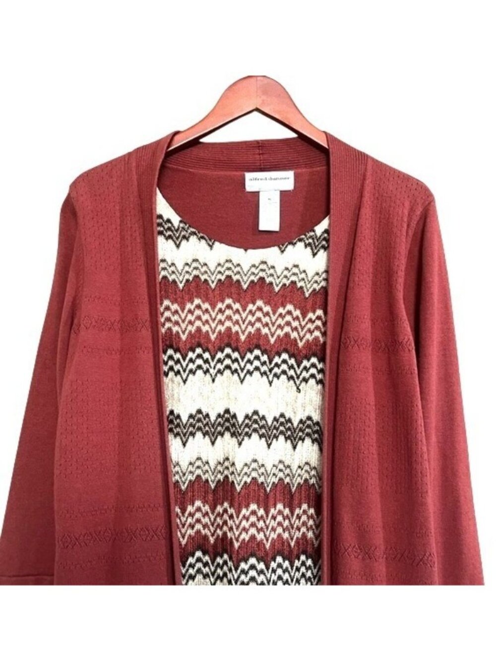 Alfred Dunner Chevron Layered Top Womens Petite Cardigan Rust Gold Tan Patterned - Picture 10 of 16